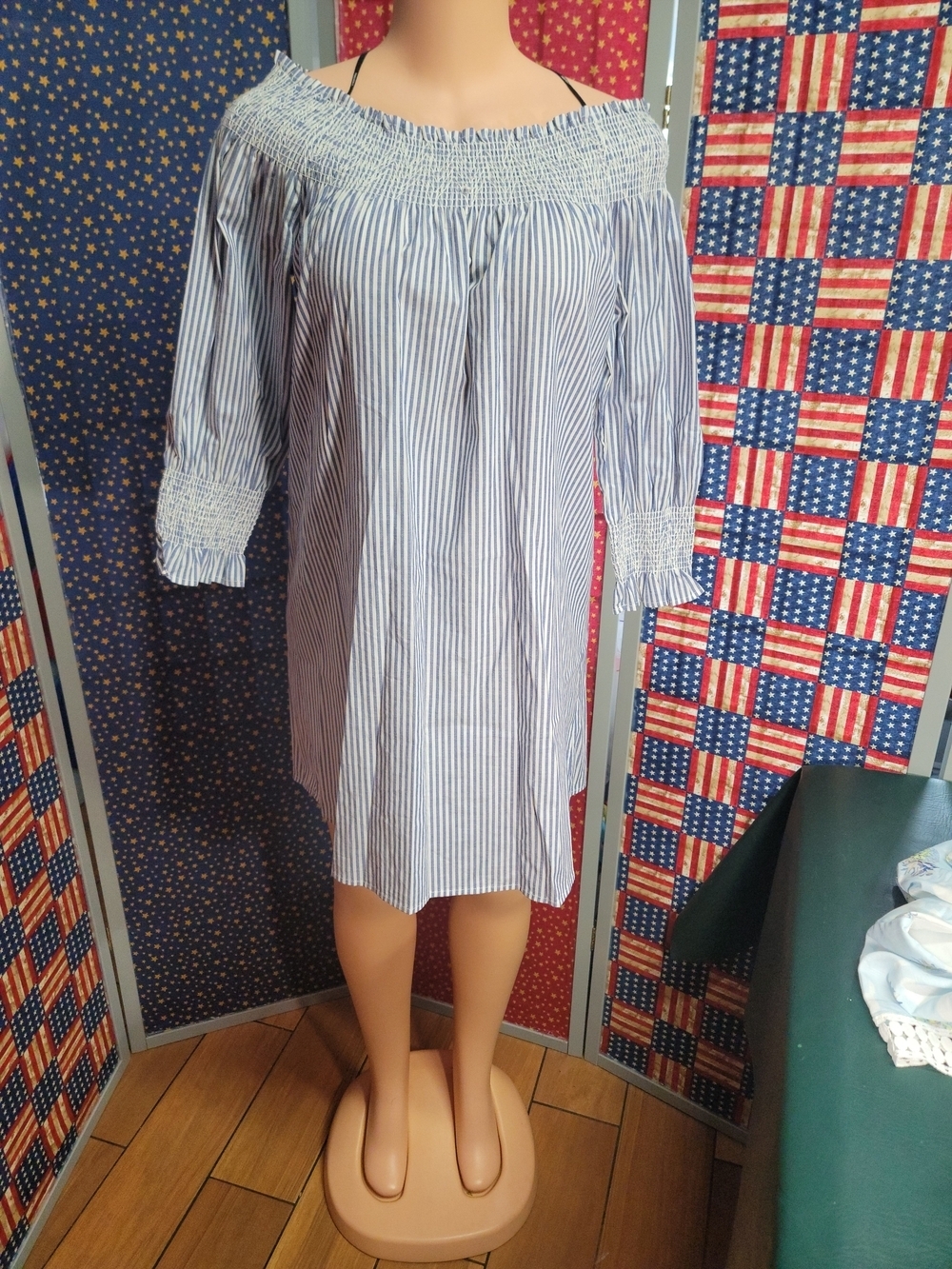 Forever 21 Blue and White Striped Off-Shoulder Top